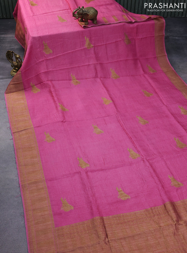 Semi banarasi tussar saree pink shade with woven buttas and woven border