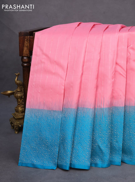 Pure soft silk saree pink and cs blue with allover silver zari weaves and silver zari woven border