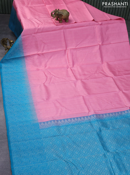Pure soft silk saree pink and cs blue with allover silver zari weaves and silver zari woven border