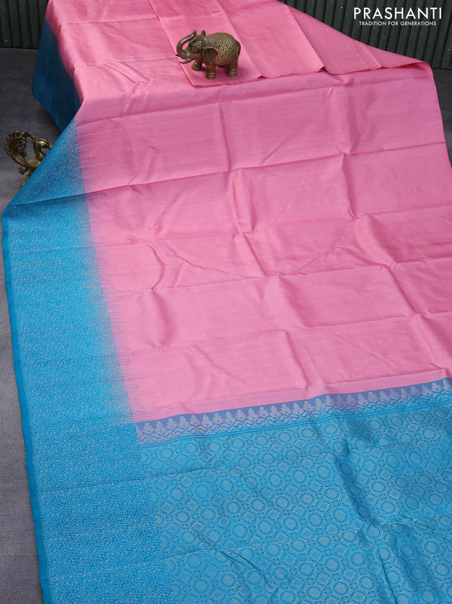Pure soft silk saree pink and cs blue with allover silver zari weaves and silver zari woven border