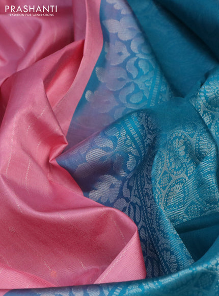 Pure soft silk saree pink and cs blue with allover silver zari weaves and silver zari woven border