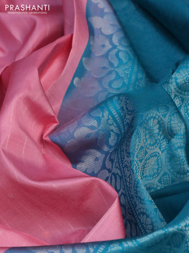 Pure soft silk saree pink and cs blue with allover silver zari weaves and silver zari woven border