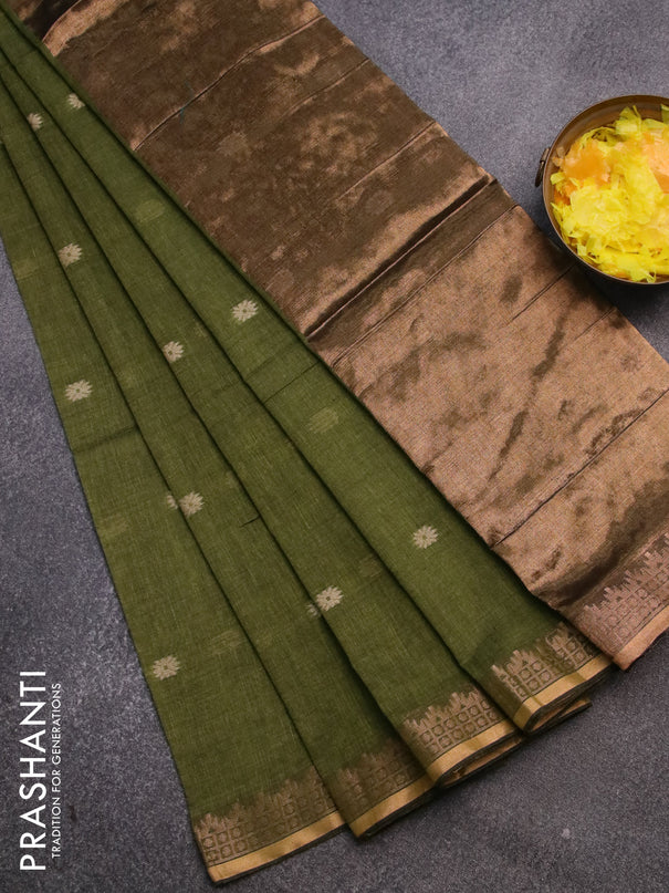 Bengal soft cotton saree mehendi green with thread woven buttas and zari woven border