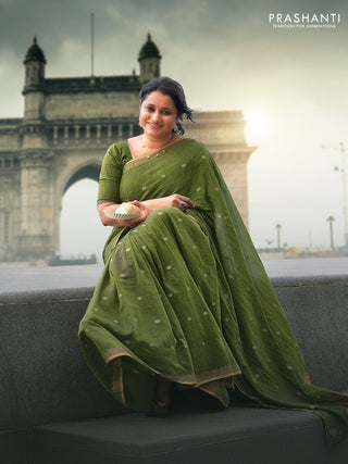 Bengal soft cotton saree mehendi green with thread woven buttas and zari woven border