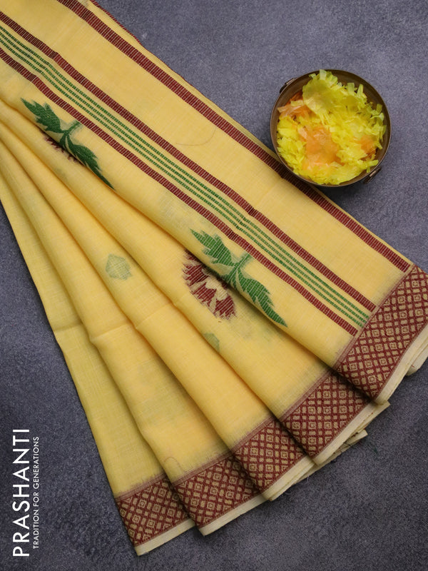 Munga linen saree yellow and maroon with thread woven floral buttas and thread woven border