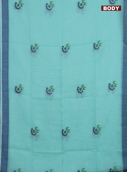Munga linen saree teal green and blue with thread woven floral buttas and thread woven border