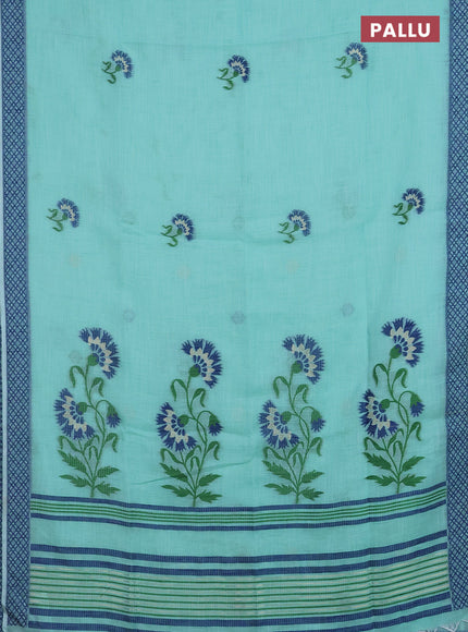 Munga linen saree teal green and blue with thread woven floral buttas and thread woven border