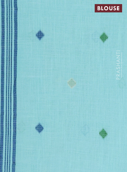 Munga linen saree teal green and blue with thread woven floral buttas and thread woven border