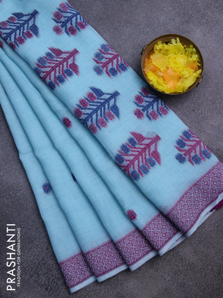 Munga linen saree light blue with thread woven buttas and thread woven border