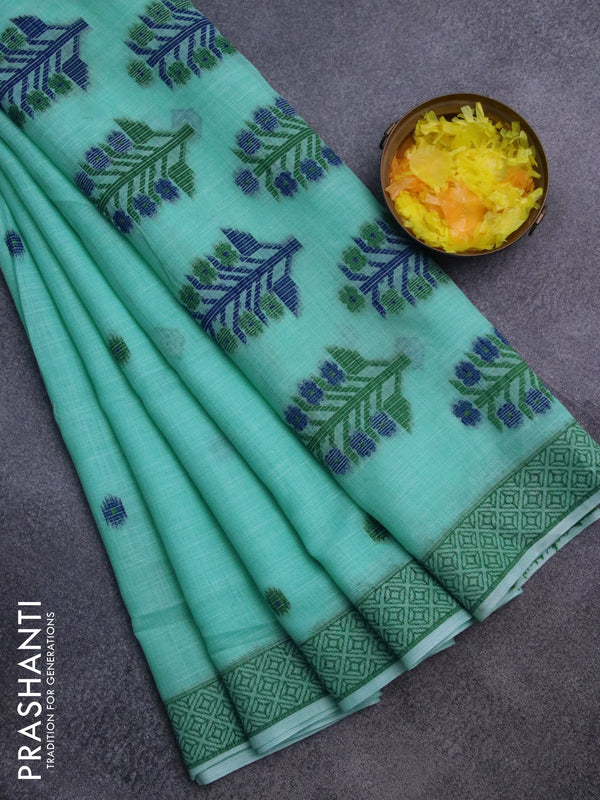 Munga linen saree teal green with thread woven buttas and thread woven border
