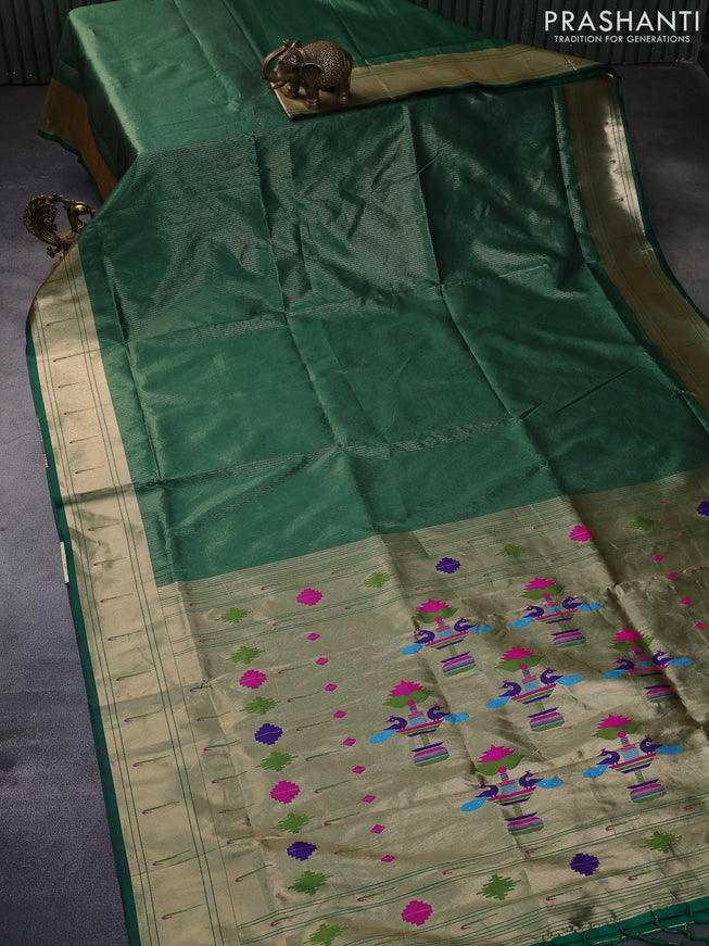 Semi paithani silk saree green with allover zari weaves and paithani design pallu