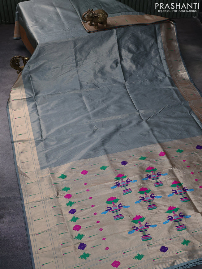 Semi paithani silk saree grey shade with allover zari weaves and paithani design pallu