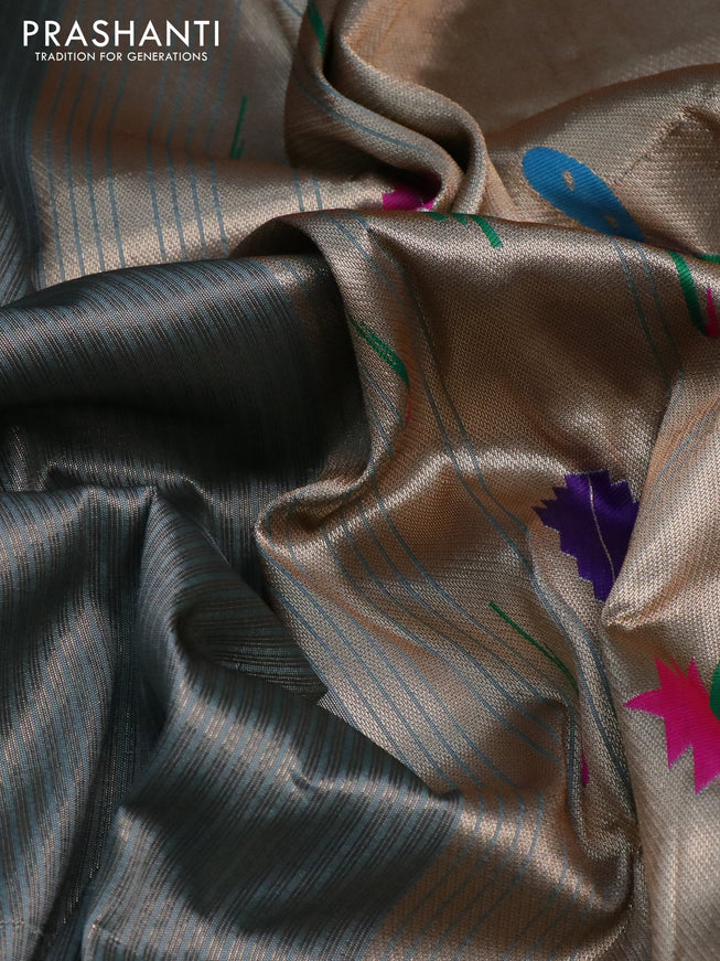 Semi paithani silk saree grey shade with allover zari weaves and paithani design pallu