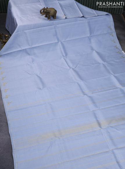 Pure kanchipuram silk saree bluish grey with plain body and zari woven butta border