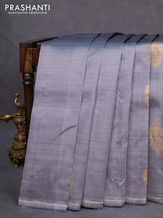 Pure kanchipuram silk saree grey with zari woven buttas in borderless style