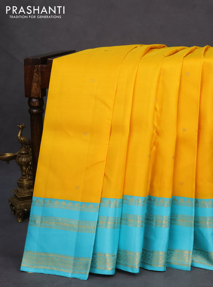 Pure kanchipuram silk saree yellow and light blue with zari woven buttas and zari woven border