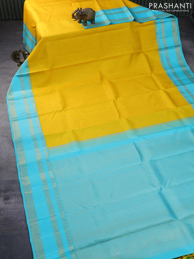 Pure kanchipuram silk saree yellow and light blue with zari woven buttas and zari woven border