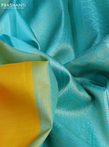 Pure kanchipuram silk saree yellow and light blue with zari woven buttas and zari woven border