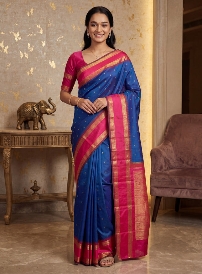 Pure kanchipuram silk saree dual shade of blue and pink with zari woven buttas and temple design rettapet zari woven border