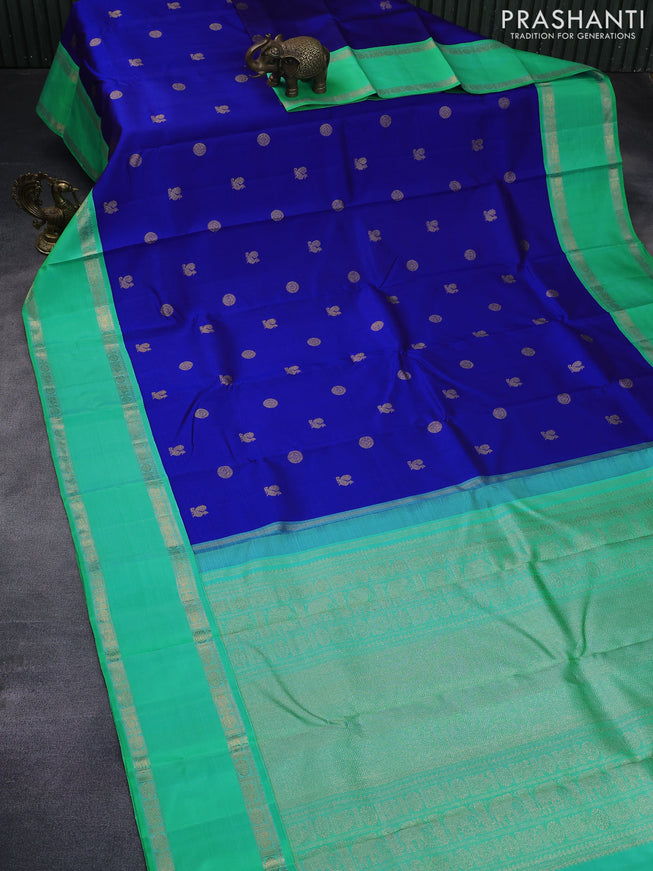 Pure kanchipuram silk saree blue and teal green with annam zari woven buttas and rettapet zari woven border