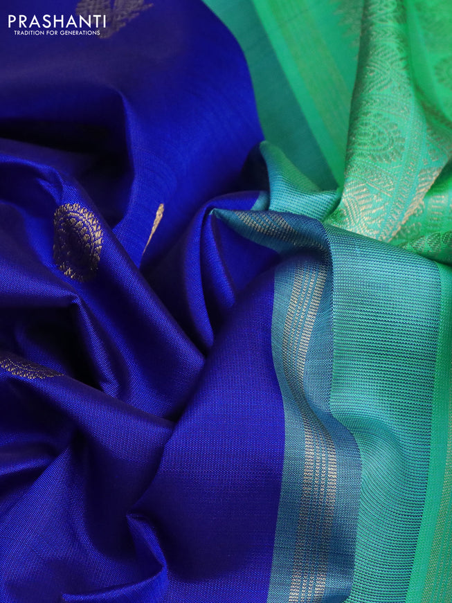 Pure kanchipuram silk saree blue and teal green with annam zari woven buttas and rettapet zari woven border