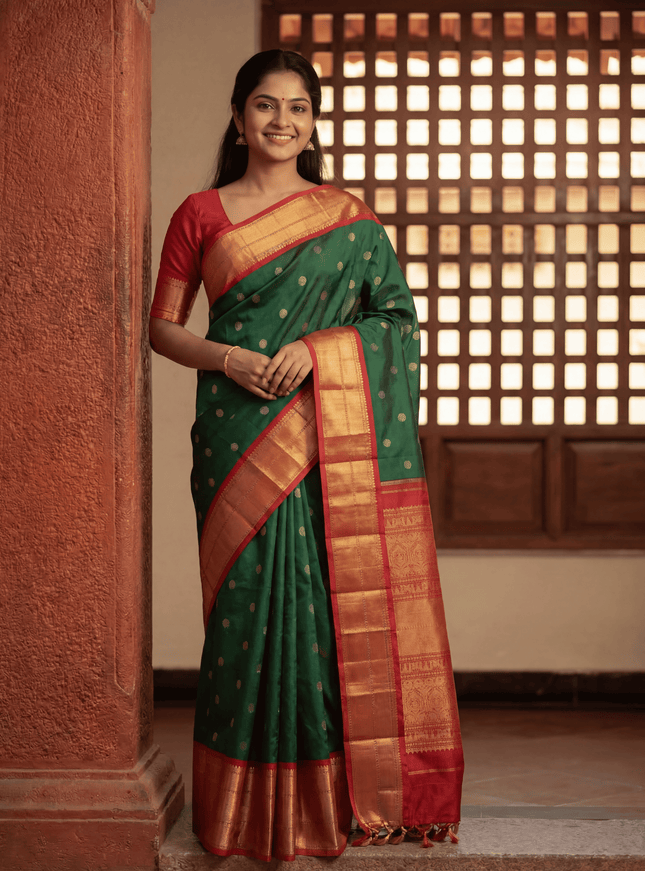 Pure kanchipuram silk saree green and red with zari woven buttas and zari woven border