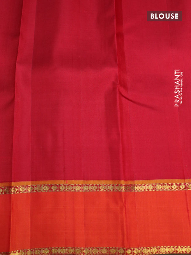 Pure kanchipuram silk saree dual shade of cs blue and orange with zari woven buttas and rettapet zari woven border