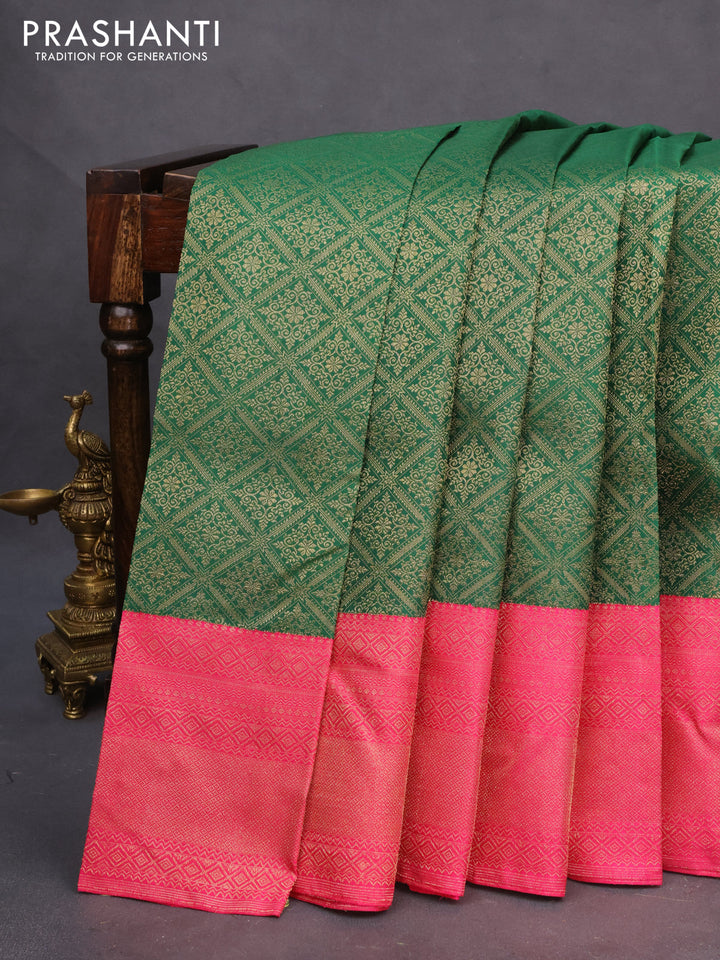 Pure kanchipuram silk saree green and pink with allover zari woven brocade weaves and zari woven border