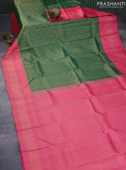 Pure kanchipuram silk saree green and pink with allover zari woven brocade weaves and zari woven border