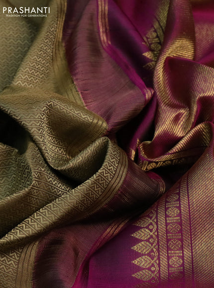 Pure kanchipuram silk saree military green and purple with allover zari woven brocade weaves and long zari woven butta border
