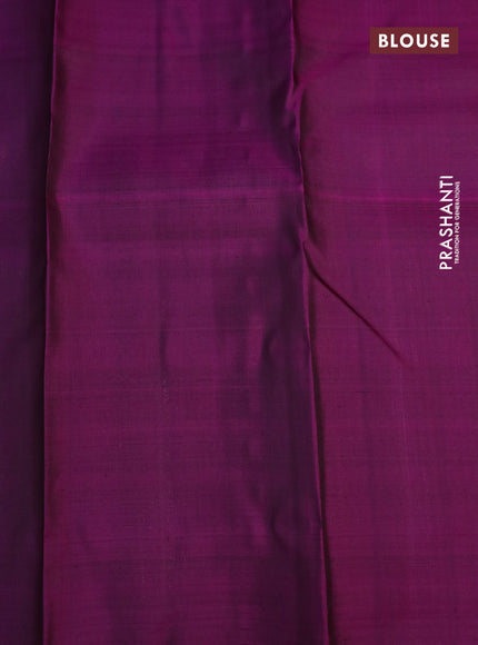 Pure kanchipuram silk saree military green and purple with allover zari woven brocade weaves and long zari woven butta border