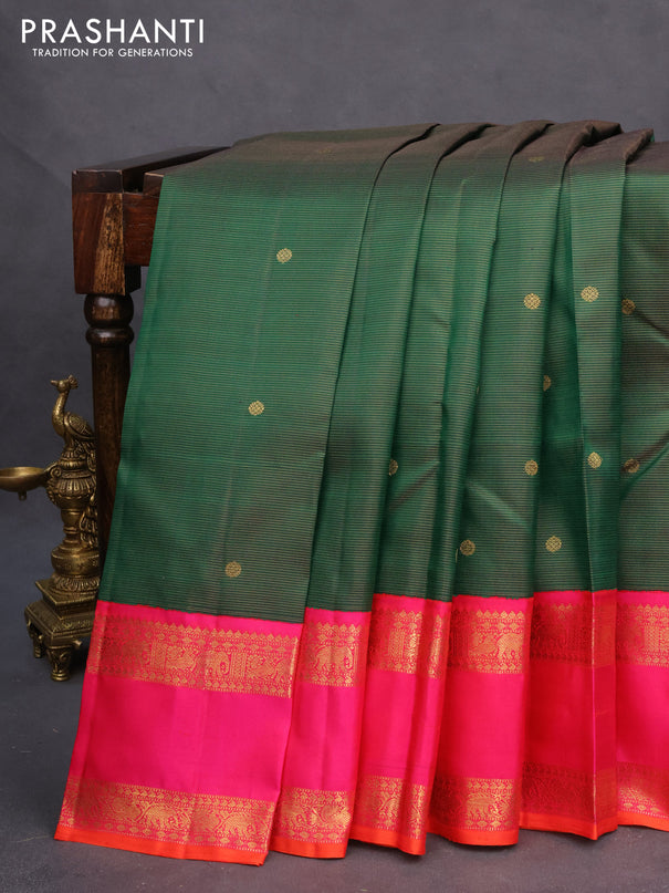Pure kanchipuram silk saree dark green and pink with allover zari weaves & buttas and rettapet zari woven korvai border