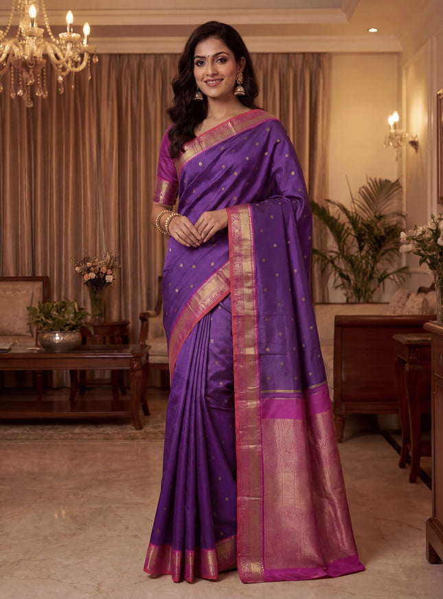 Pure kanchipuram silk saree violet and purple with allover zari weaves & buttas and zari woven border
