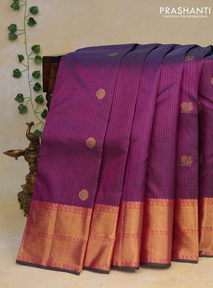 Pure kanchipuram silk saree purple and pink with allover small zari checks & buttas and zari woven border