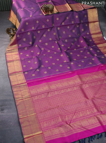 Pure kanchipuram silk saree purple and pink with allover small zari checks & buttas and zari woven border