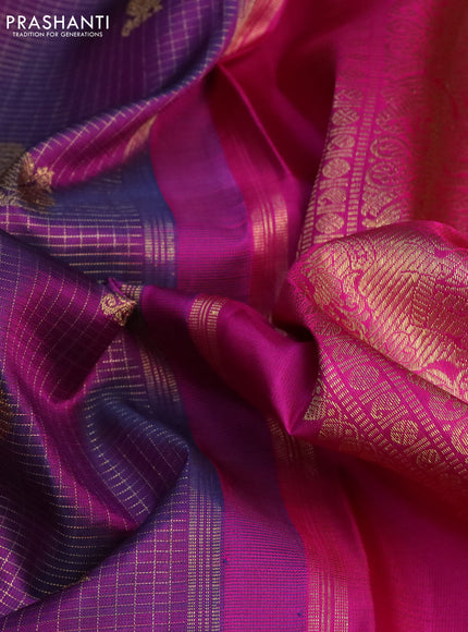 Pure kanchipuram silk saree purple and pink with allover small zari checks & buttas and zari woven border