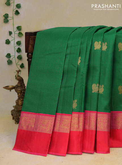 Pure kanchipuram silk saree green and pink with allover small zari checks & buttas and zari woven korvai border