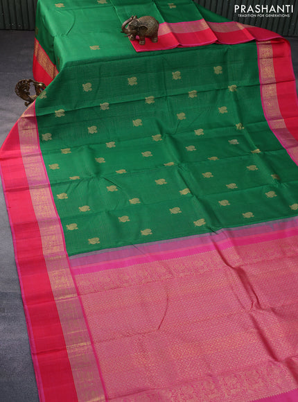 Pure kanchipuram silk saree green and pink with allover small zari checks & buttas and zari woven korvai border