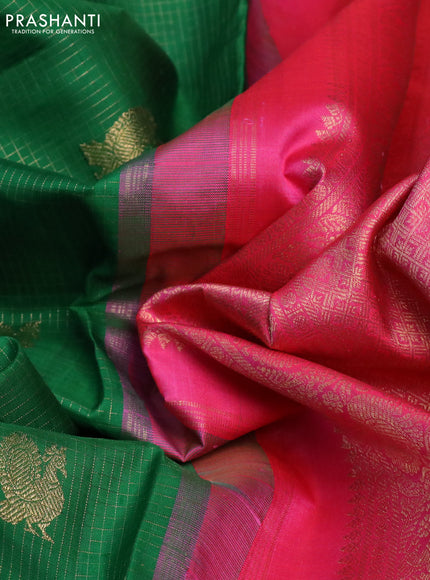 Pure kanchipuram silk saree green and pink with allover small zari checks & buttas and zari woven korvai border