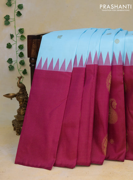 Pure kanchipuram silk saree light blue and purple with zari woven buttas and long zari woven checked butta border