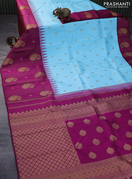 Pure kanchipuram silk saree light blue and purple with zari woven buttas and long zari woven checked butta border