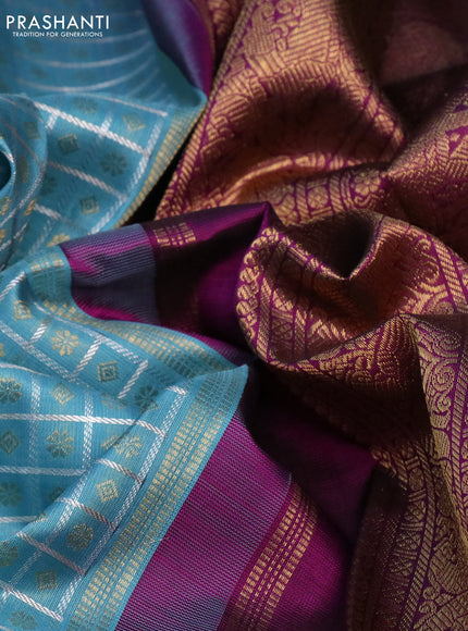 Pure kanchipuram silk saree light blue and purple with allover zari checks & 1000 buttas and rettapet zari woven korvai border
