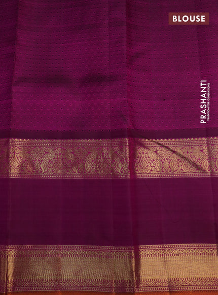 Pure kanchipuram silk saree pastel green and purple with allover zari checks & buttas and long rettapet zari woven korvai border
