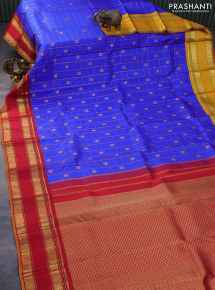 Pure kanchipuram silk saree royal blue with allover zari checks & buttas and ganga jamuna border