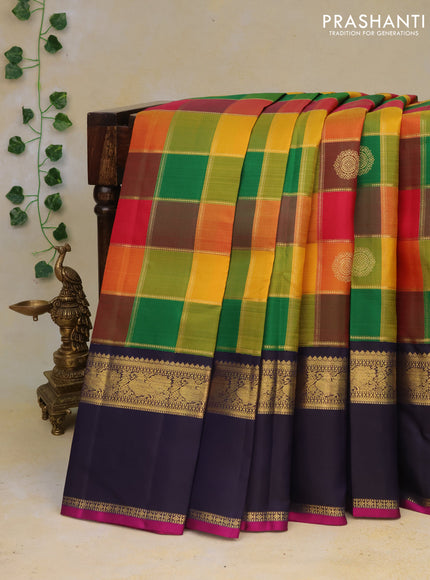 Pure kanchipuram silk saree multi colour and navy blue with allover paalum pazhamum zari checks & buttas and rettapet zari woven korvai border