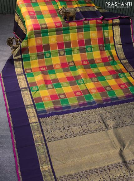 Pure kanchipuram silk saree multi colour and navy blue with allover paalum pazhamum zari checks & buttas and rettapet zari woven korvai border