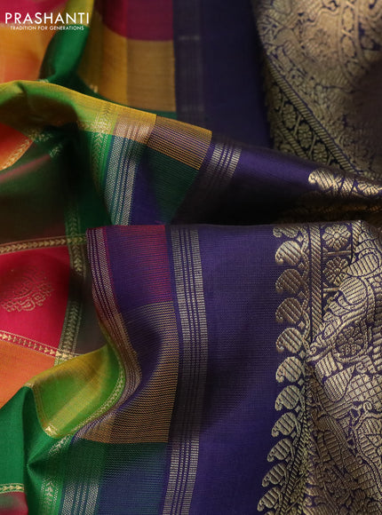 Pure kanchipuram silk saree multi colour and navy blue with allover paalum pazhamum zari checks & buttas and rettapet zari woven korvai border
