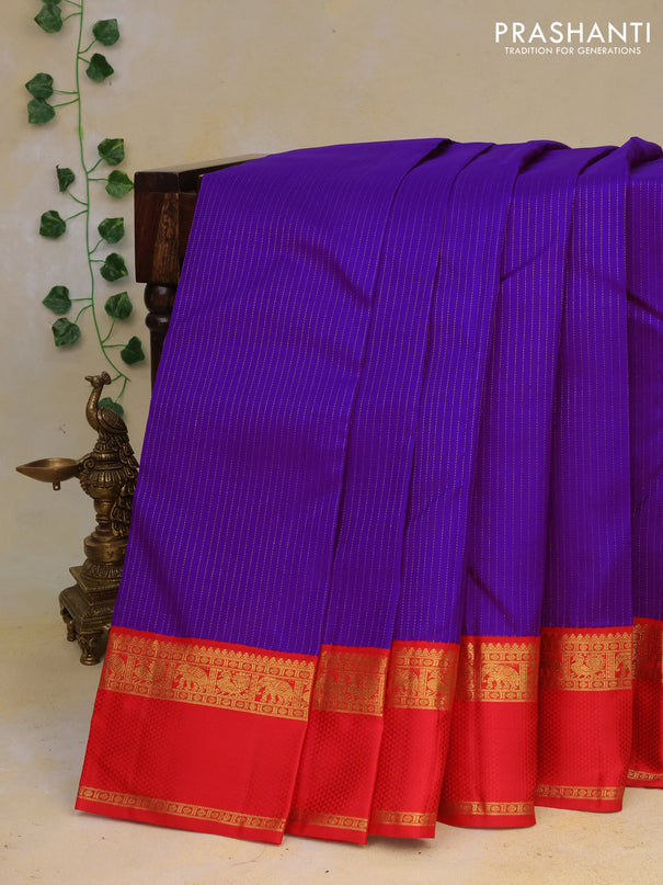 Pure kanchipuram silk saree violet and red with allover zari stripe pattern and rettapet zari woven korvai border