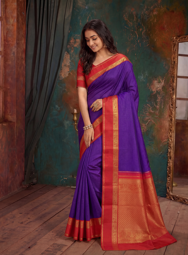 Pure kanchipuram silk saree violet and red with allover zari stripe pattern and rettapet zari woven korvai border