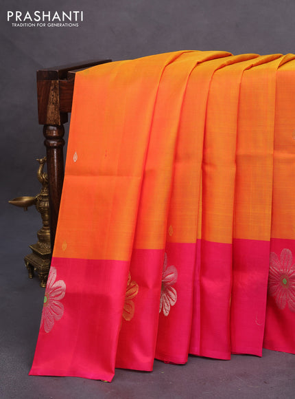 Pure uppada silk saree orange and pink with silver & gold zari woven buttas and zari woven floral butta border